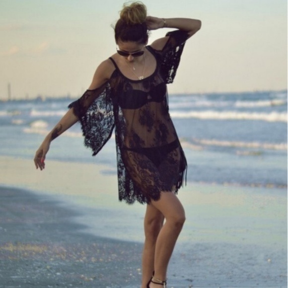 Black Lace Cold Shoulder Chemise Dress Cover Up - Picture 3 of 7